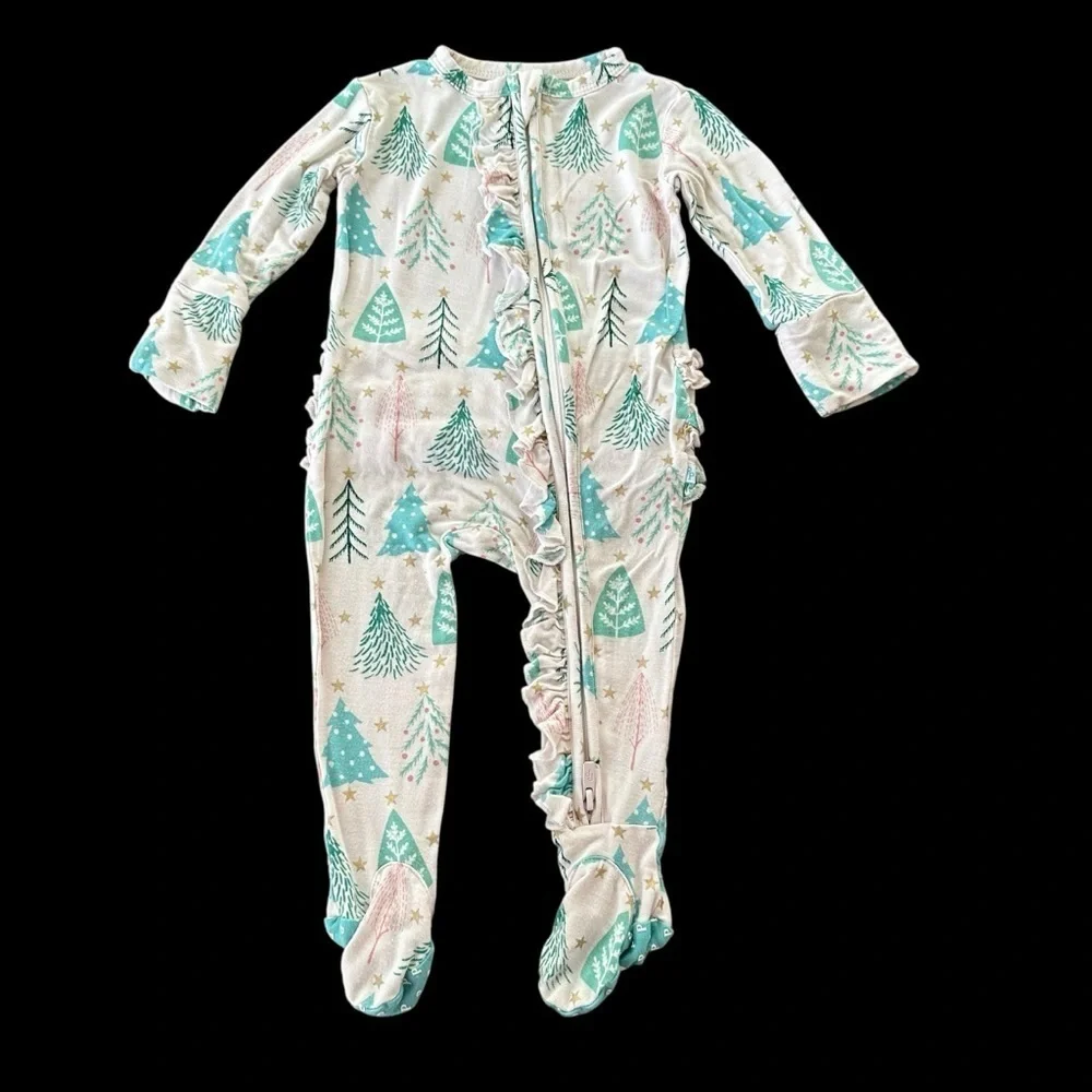 Posh Peanut Baby Girl 0-3 months Pastel Christmas Trees Zip Up Ruffle Footie